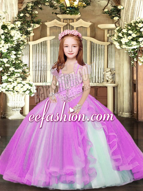 Stunning Floor Length Lilac Little Girls Pageant Dress Wholesale Straps Sleeveless Lace Up