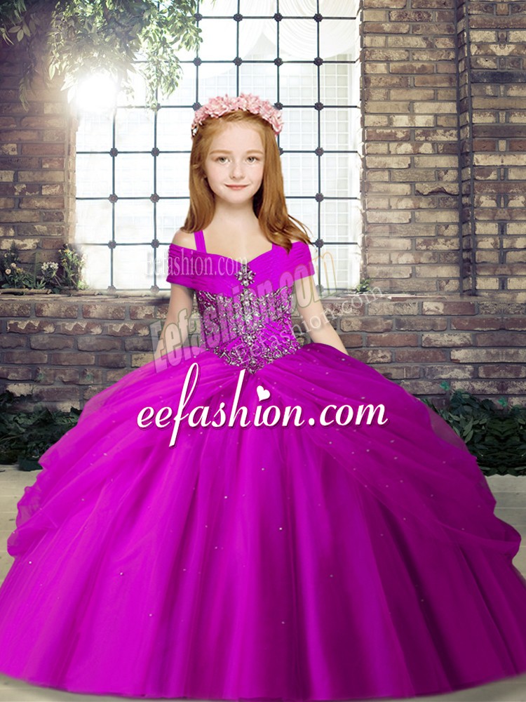 Luxurious Fuchsia Little Girls Pageant Gowns Party and Wedding Party with Beading Sleeveless Lace Up