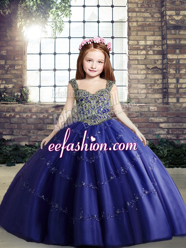  Royal Blue Sleeveless Floor Length Beading Lace Up Pageant Dress for Teens