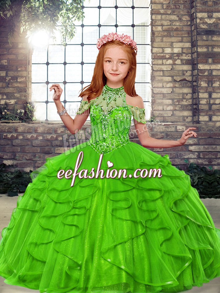  High-neck Lace Up Beading and Ruffles Girls Pageant Dresses Sleeveless