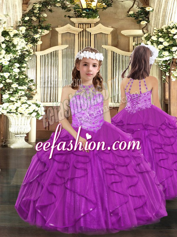 Dazzling Purple Halter Top Lace Up Beading and Ruffles Kids Pageant Dress Sleeveless