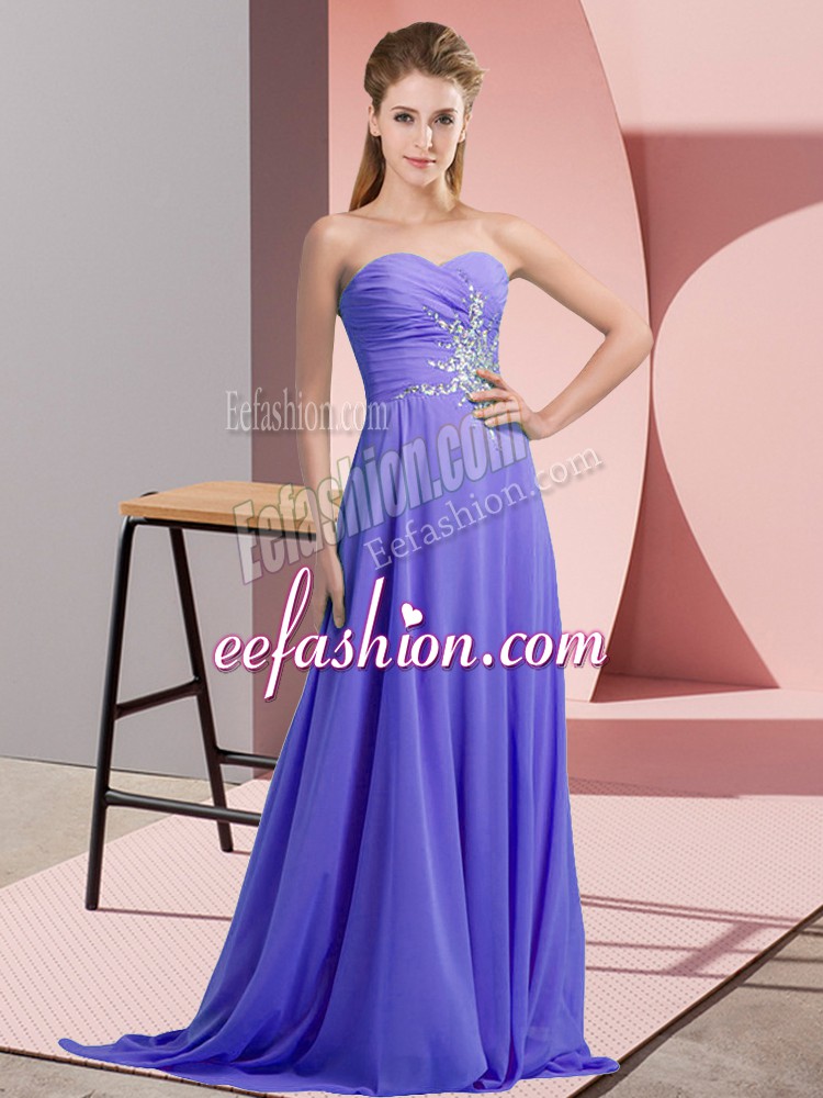 Designer Lavender Empire Chiffon Halter Top Sleeveless Beading and Ruching Floor Length Lace Up Prom Dress