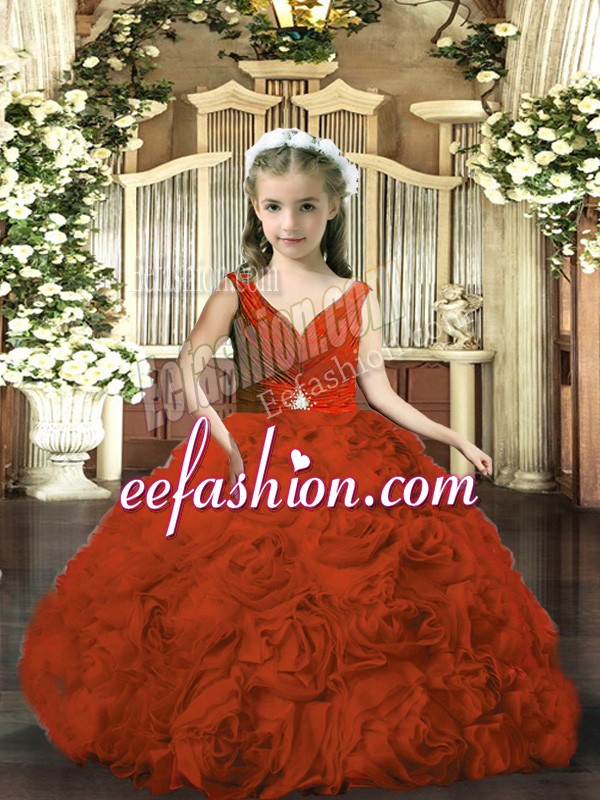 Classical Rust Red Sleeveless Beading and Ruching Floor Length Kids Pageant Dress