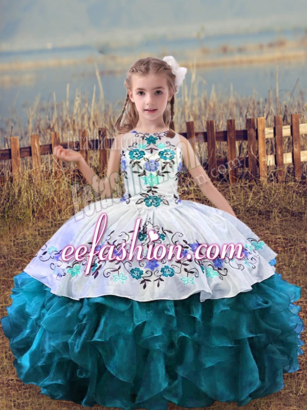 Cute Sleeveless Floor Length Embroidery and Ruffles Lace Up Winning Pageant Gowns with Teal 