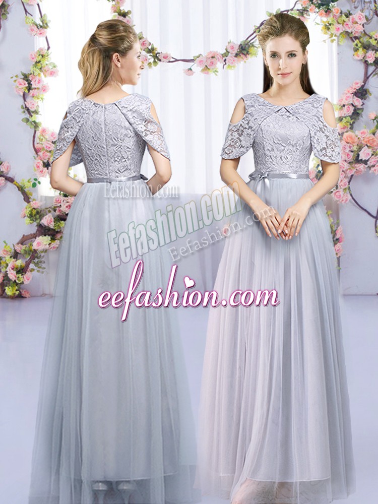 Noble Grey Empire Scoop Sleeveless Tulle Floor Length Zipper Lace and Belt Dama Dress