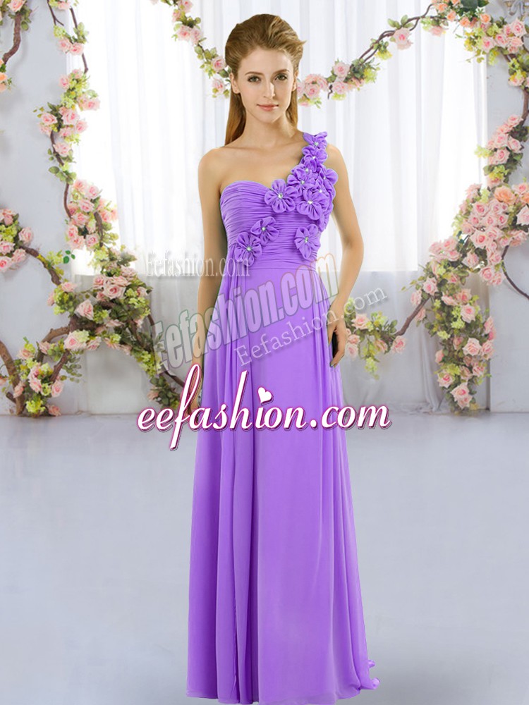  One Shoulder Sleeveless Lace Up Hand Made Flower Bridesmaid Dresses in Lavender