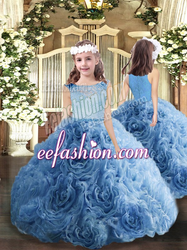 Sweet Blue Ball Gowns Bateau Sleeveless Fabric With Rolling Flowers Floor Length Zipper Beading Little Girl Pageant Gowns