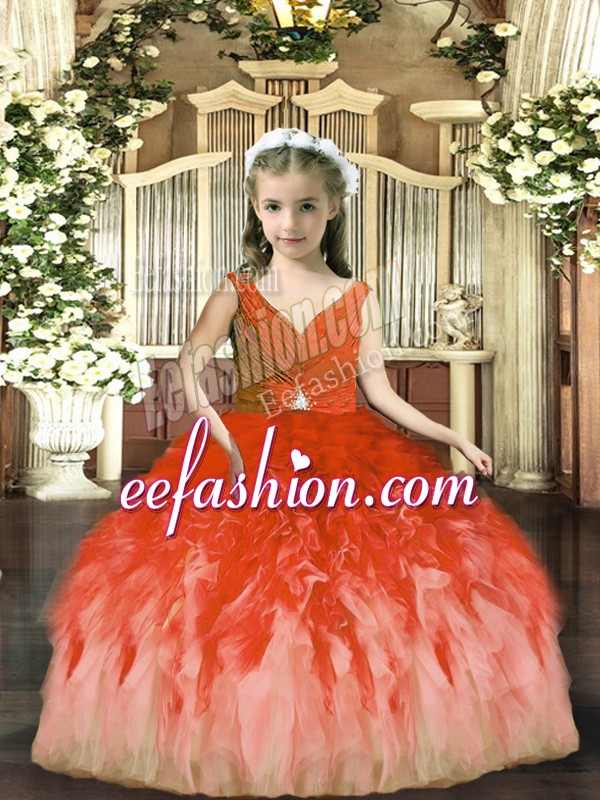  Beading and Ruffles Pageant Dress for Girls Rust Red Backless Sleeveless Floor Length