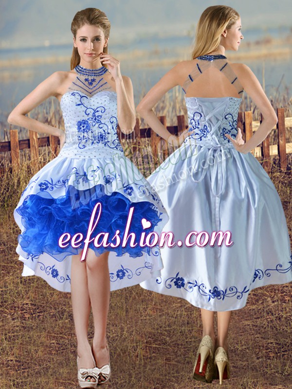  Blue And White Sleeveless Satin and Organza Lace Up Prom Dresses for Prom and Party and Military Ball