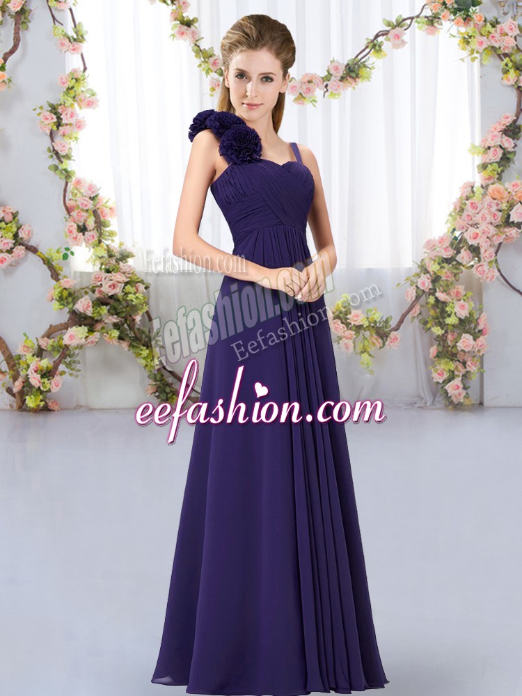 Customized Floor Length Lace Up Wedding Party Dress Purple for Wedding Party with Hand Made Flower