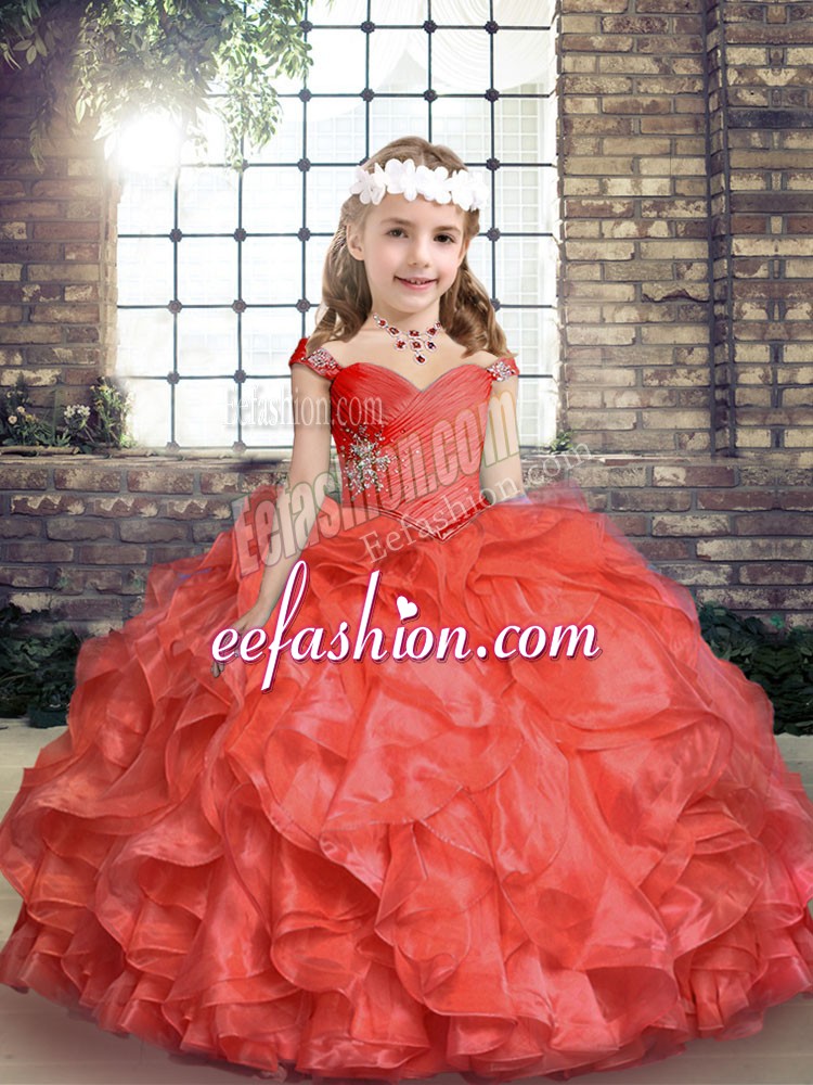 Coral Red Organza Lace Up Little Girls Pageant Dress Wholesale Sleeveless Floor Length Beading and Ruching