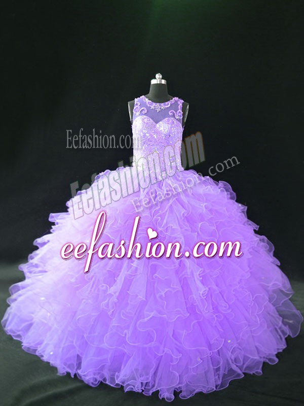 Fantastic Organza Scoop Sleeveless Lace Up Beading and Ruffles Quinceanera Gowns in Lavender