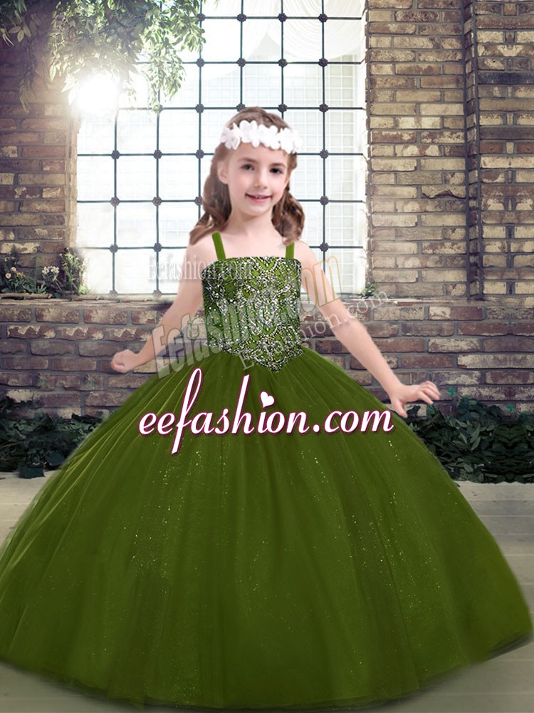  Floor Length Olive Green Pageant Dress Toddler Straps Sleeveless Lace Up
