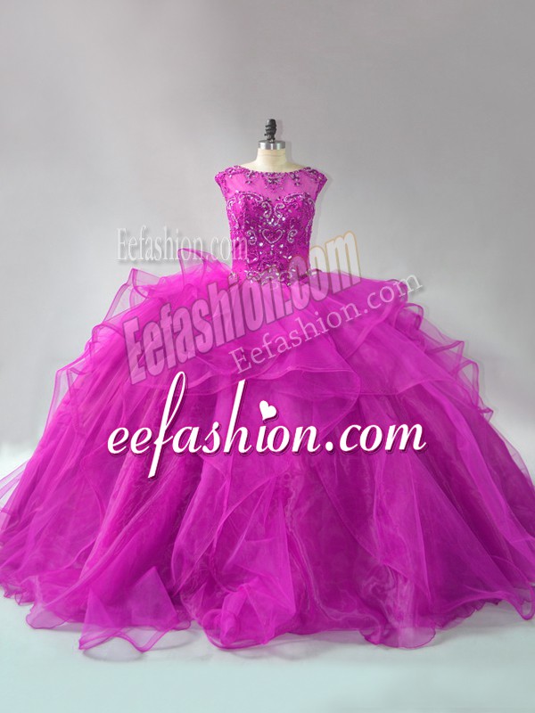 Customized Scoop Long Sleeves Brush Train Lace Up Quinceanera Dress Fuchsia Organza