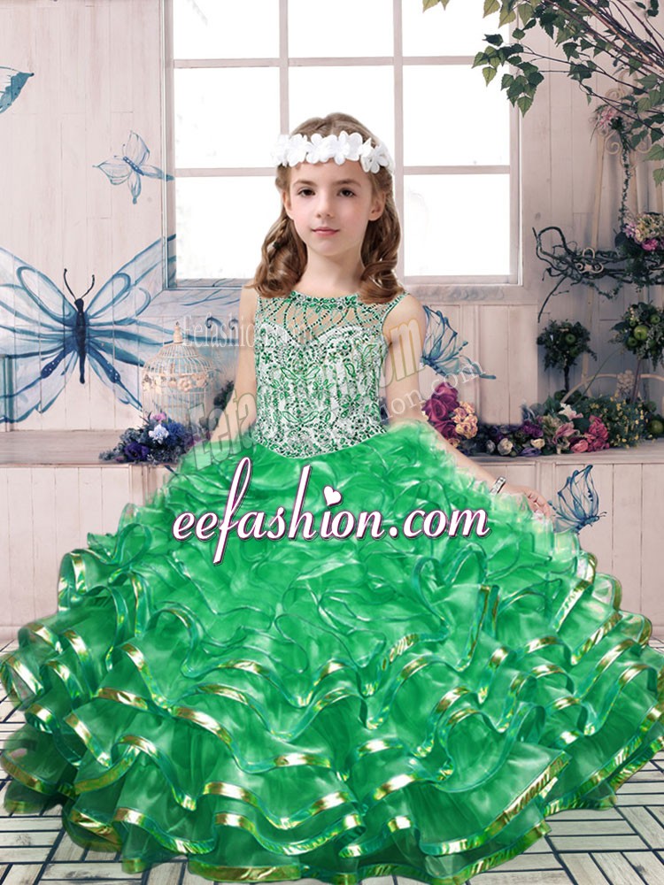  Green Sleeveless Floor Length Beading and Ruffles Lace Up Pageant Dress Womens