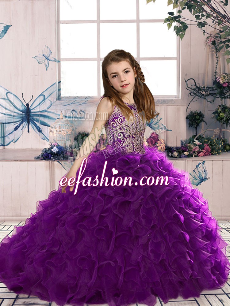 Simple Sleeveless Floor Length Beading and Ruffles Lace Up Little Girl Pageant Gowns with Eggplant Purple