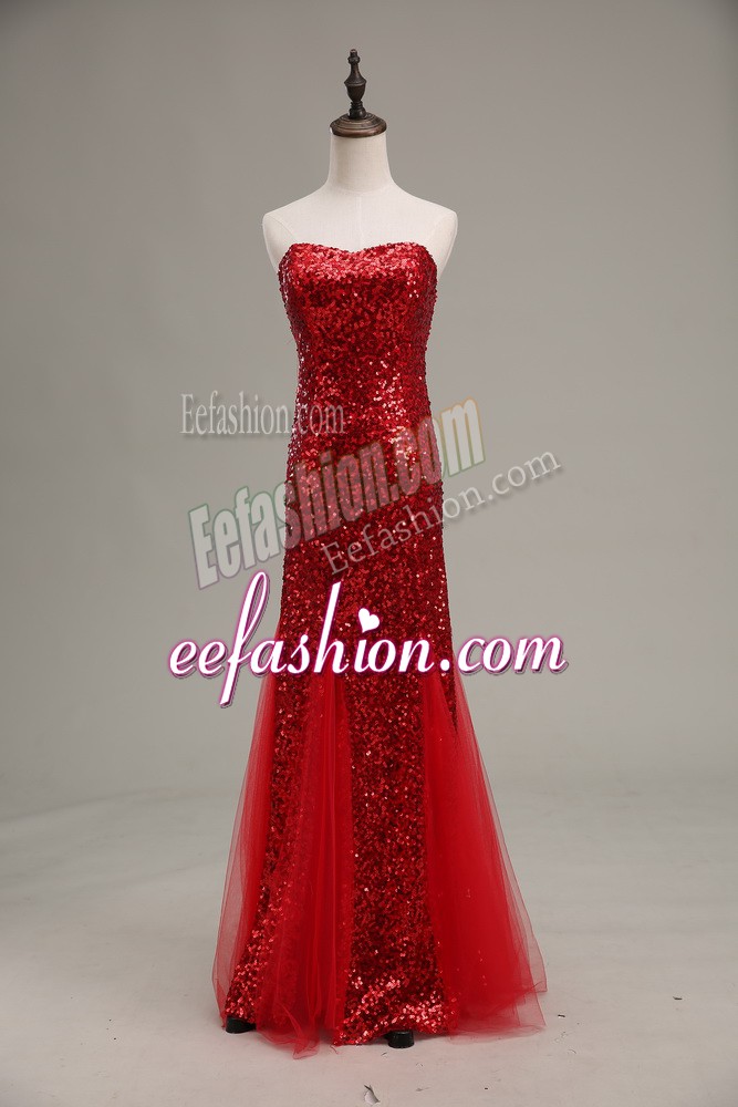 Exceptional Red Sleeveless Floor Length Sequins Zipper Prom Gown