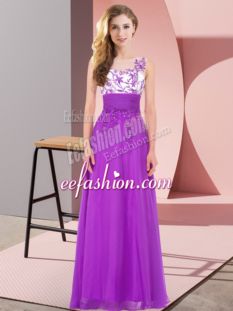  Scoop Sleeveless Dama Dress Floor Length Appliques Purple Chiffon