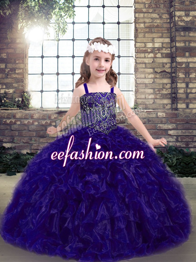 New Style Purple Sleeveless Organza Lace Up Little Girls Pageant Gowns for Party and Wedding Party