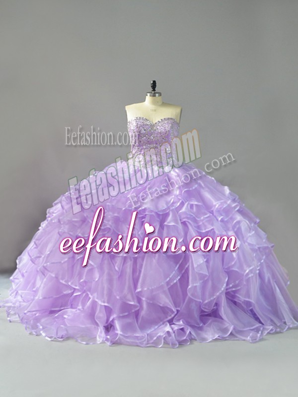 Vintage Ball Gowns Sleeveless Lavender Quinceanera Gown Brush Train Lace Up