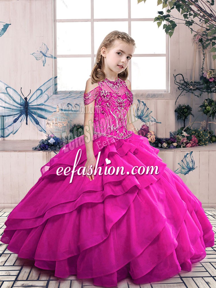  Fuchsia Ball Gowns Organza Halter Top Sleeveless Beading and Ruffles Floor Length Lace Up Little Girl Pageant Gowns