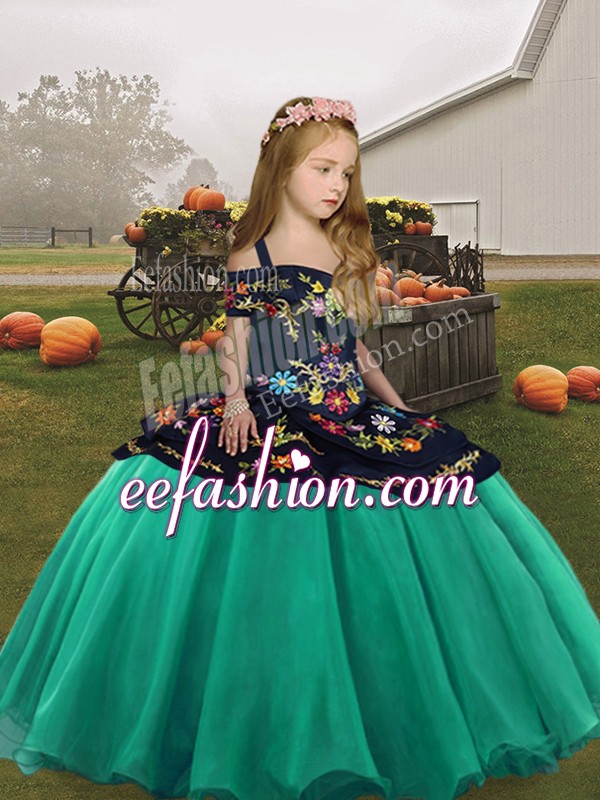 Straps Sleeveless Pageant Dress for Teens Floor Length Embroidery Turquoise Organza