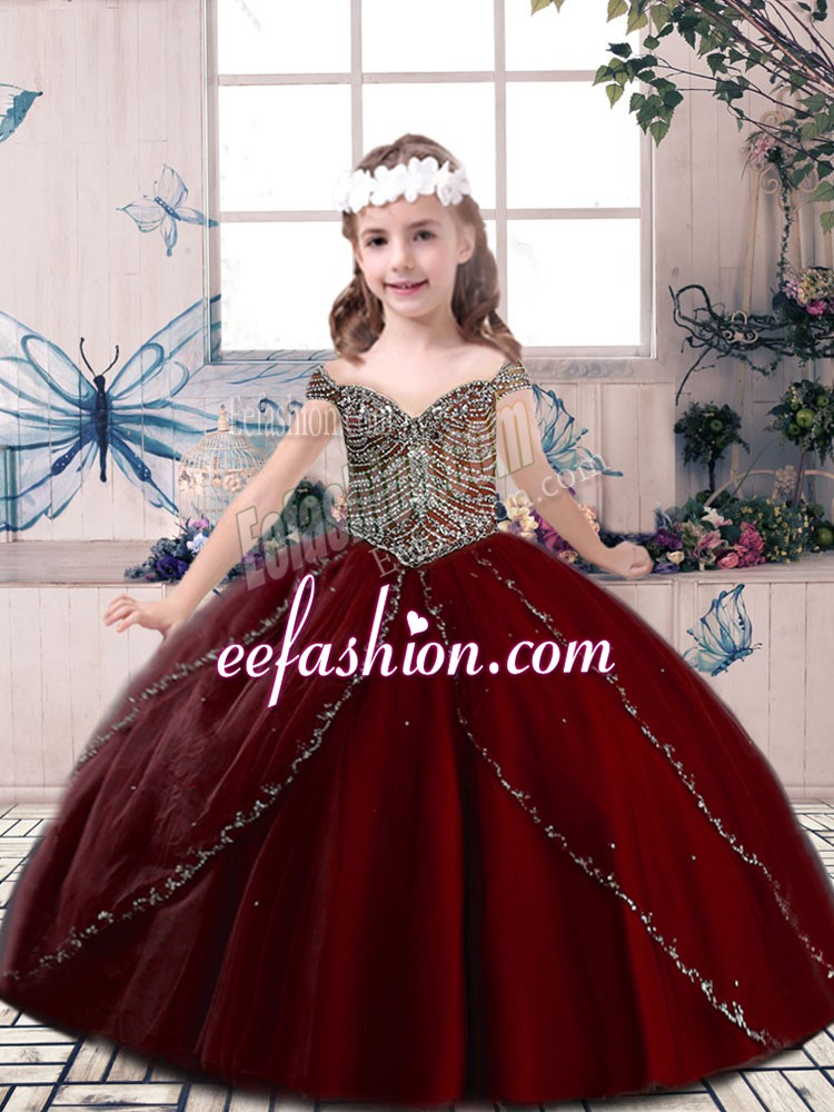  Floor Length Wine Red Kids Pageant Dress Spaghetti Straps Sleeveless Lace Up