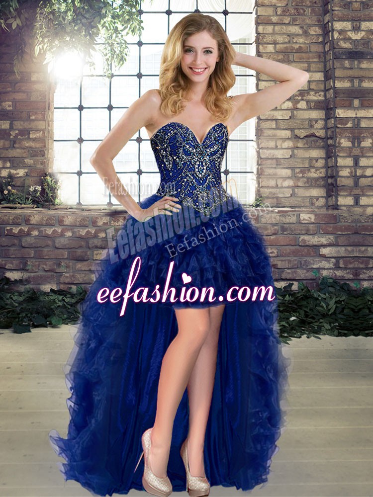  Navy Blue Prom Gown Prom and Party with Beading and Ruffles Sweetheart Sleeveless Lace Up