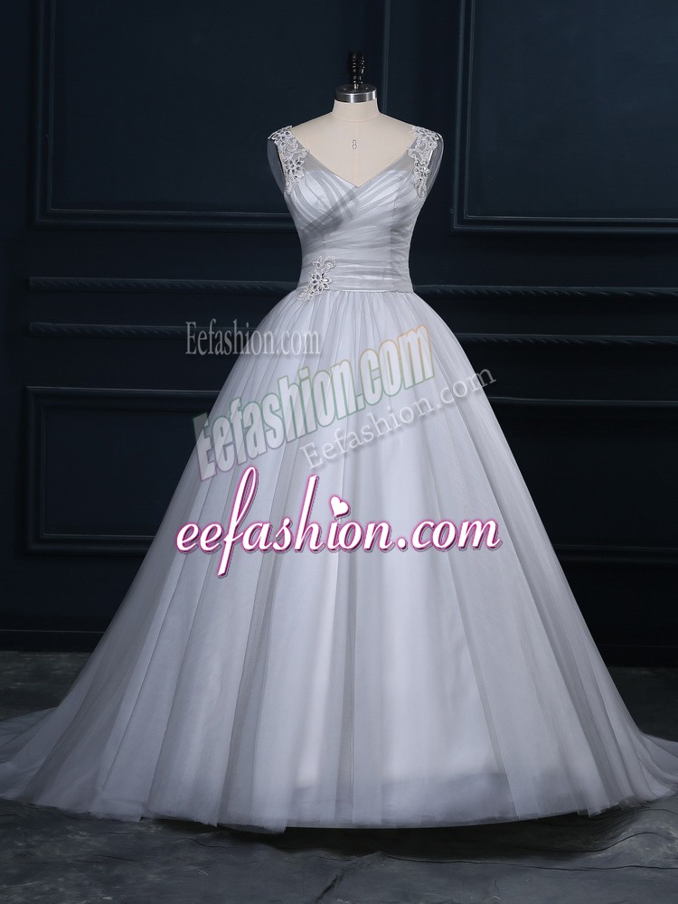 Fancy Grey Lace Up Bridal Gown Beading and Appliques Sleeveless Court Train