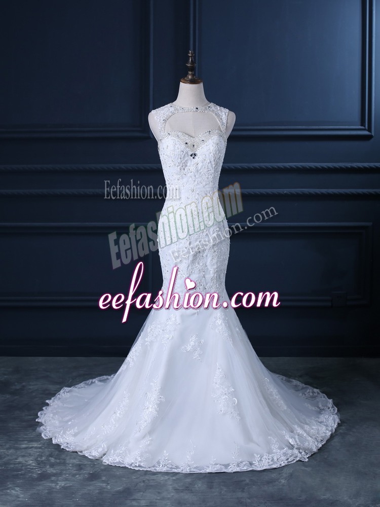  Sleeveless Brush Train Backless Beading and Lace Wedding Dress