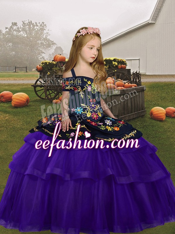 Purple Organza and Tulle Lace Up Custom Made Pageant Dress Sleeveless Floor Length Embroidery and Ruffles