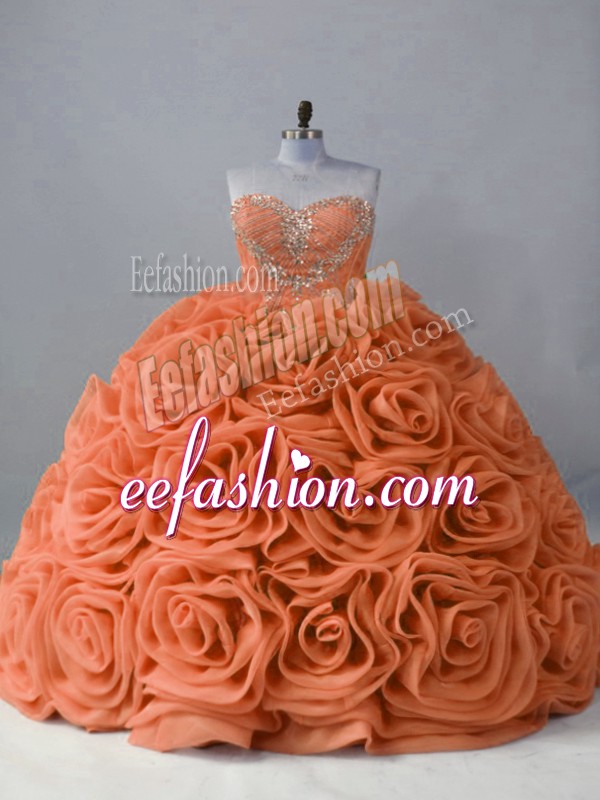Luxury Orange Lace Up Sweetheart Beading Sweet 16 Dress Fabric With Rolling Flowers Sleeveless Brush Train