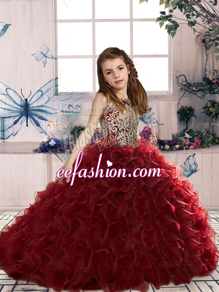  Beading and Ruffles Kids Formal Wear Wine Red Lace Up Sleeveless Floor Length