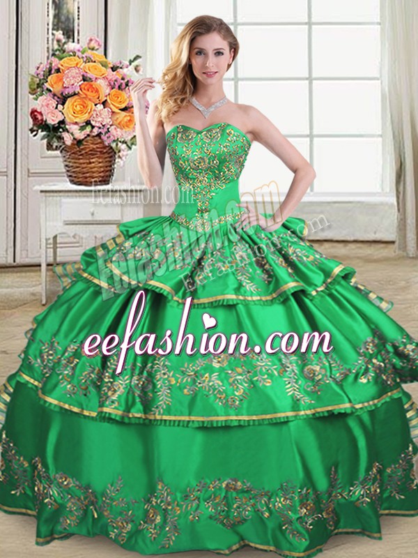 Designer Green Ball Gowns Sweetheart Sleeveless Organza Floor Length Lace Up Embroidery and Ruffled Layers Sweet 16 Quinceanera Dress