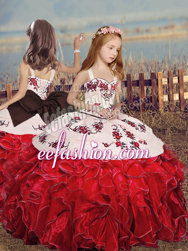 Excellent Sleeveless Organza Floor Length Lace Up Kids Formal Wear in Red with Embroidery and Ruffles