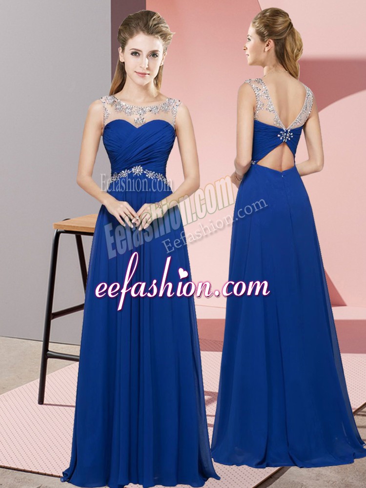 Excellent Royal Blue Empire Scoop Sleeveless Chiffon Floor Length Backless Beading Prom Evening Gown