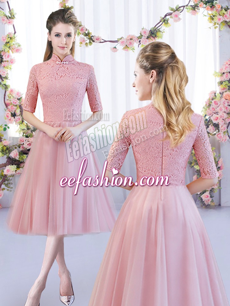  Tulle High-neck Half Sleeves Zipper Lace Wedding Guest Dresses in Pink 