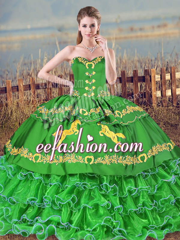 Exceptional Green Sweetheart Neckline Embroidery and Ruffled Layers 15th Birthday Dress Sleeveless Lace Up
