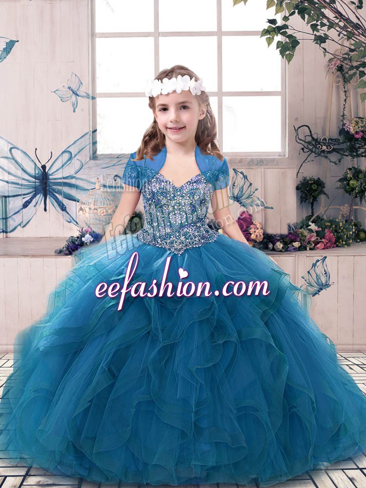 Great Blue Sleeveless Beading and Ruffles Floor Length Winning Pageant Gowns