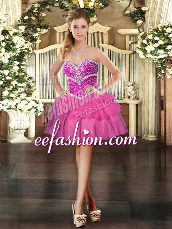 Graceful Hot Pink Ball Gowns Sweetheart Sleeveless Tulle Mini Length Lace Up Beading and Ruffled Layers Homecoming Dress