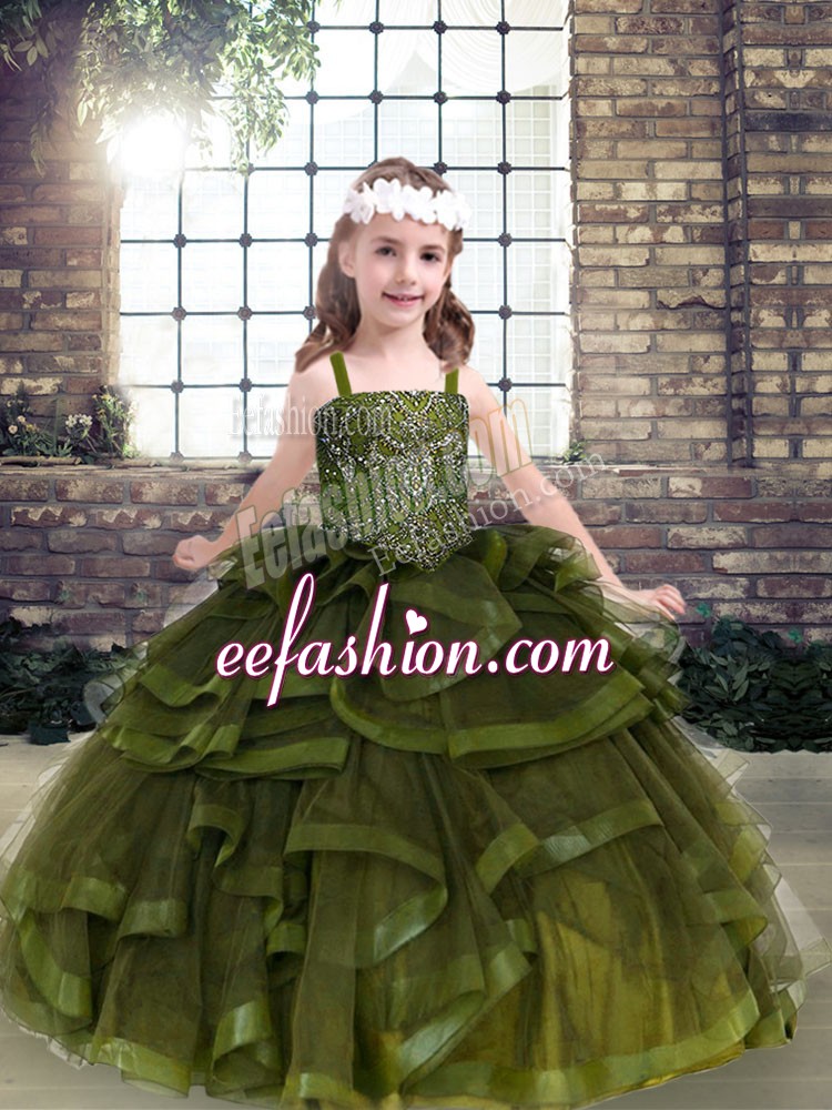  Olive Green Tulle Lace Up Glitz Pageant Dress Sleeveless Floor Length Beading and Ruffles