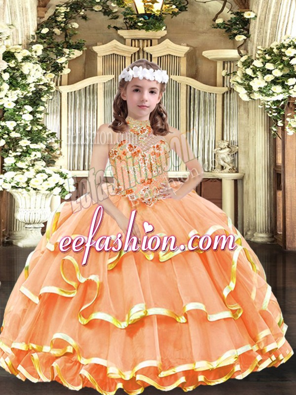 Eye-catching Floor Length Orange Little Girl Pageant Gowns Organza Sleeveless Appliques and Ruffled Layers