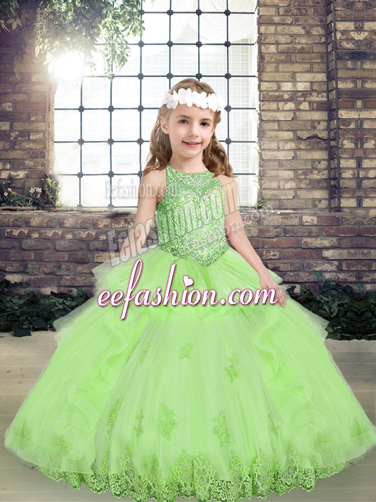 Luxurious Ball Gowns Scoop Sleeveless Tulle Floor Length Lace Up Lace and Appliques Little Girls Pageant Dress Wholesale