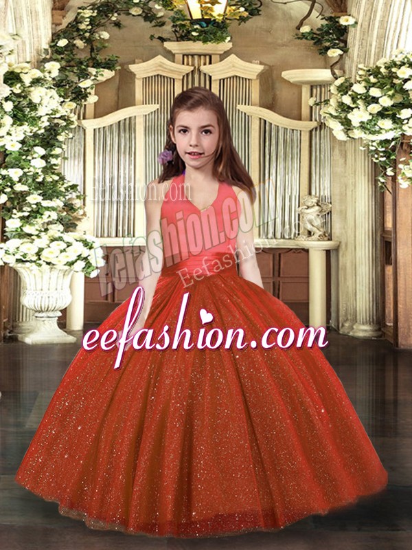Enchanting Tulle Halter Top Sleeveless Lace Up Ruching Pageant Dress for Teens in Rust Red