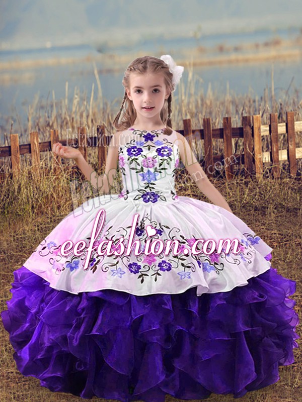 Scoop Sleeveless Organza Little Girls Pageant Gowns Embroidery and Ruffles Lace Up