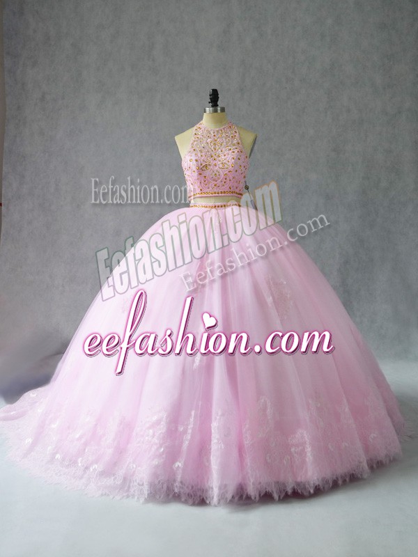  Baby Pink Halter Top Neckline Beading and Appliques 15 Quinceanera Dress Sleeveless Zipper