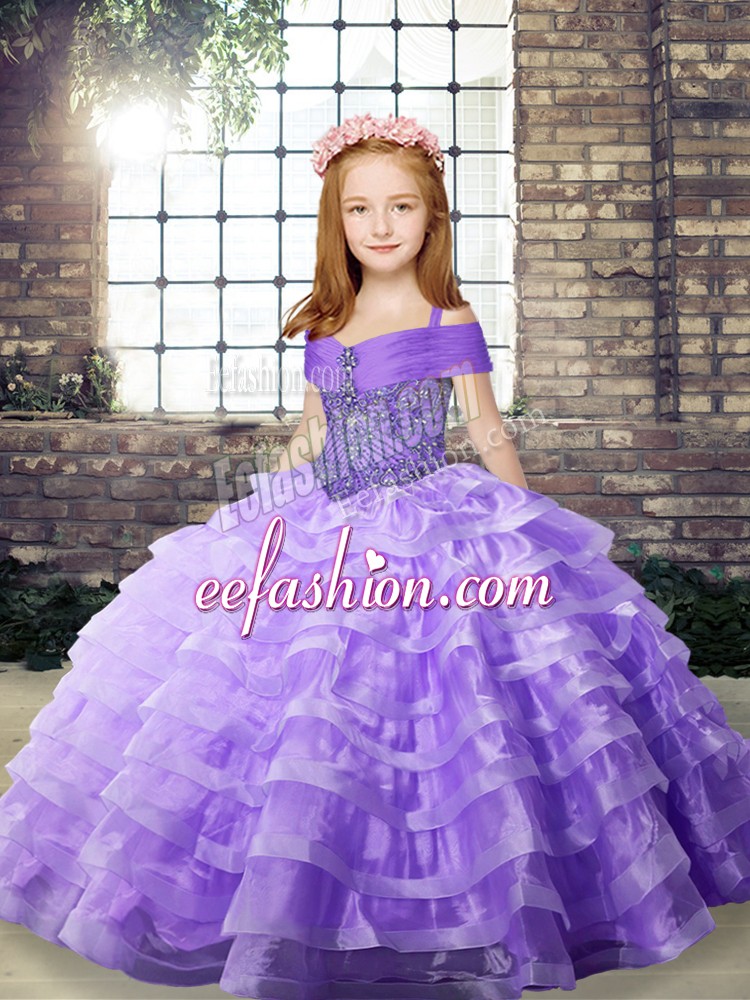 Lovely Lavender Little Girls Pageant Gowns Party and Wedding Party with Beading and Ruffled Layers Straps Sleeveless Brush Train Lace Up