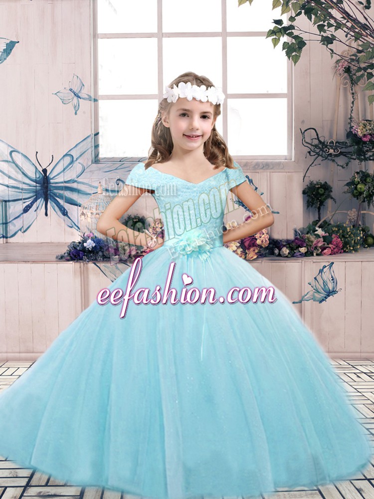 Gorgeous Aqua Blue Lace Up Off The Shoulder Lace and Belt Kids Pageant Dress Tulle Sleeveless