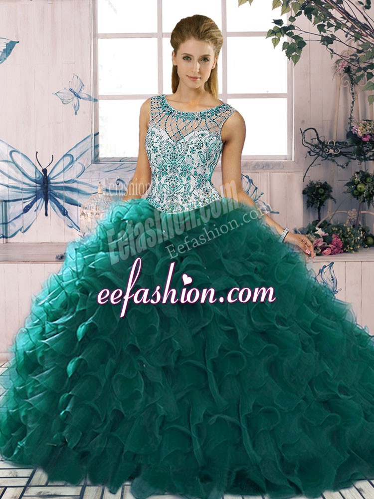  Floor Length Ball Gowns Sleeveless Peacock Green 15th Birthday Dress Lace Up