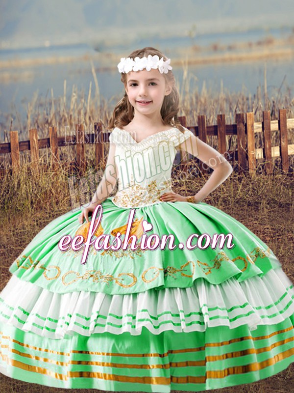  Green Satin Lace Up Off The Shoulder Sleeveless Floor Length Little Girls Pageant Gowns Embroidery